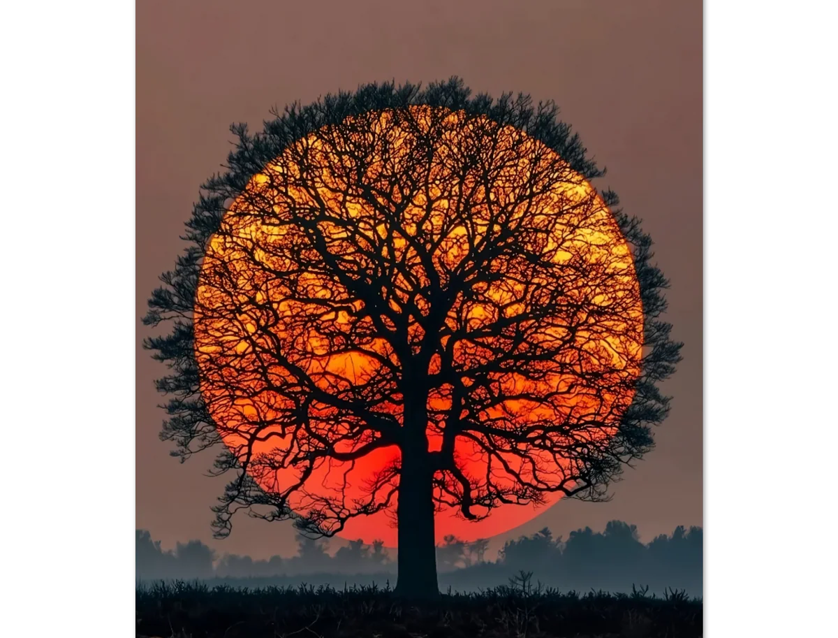 Arbre au soleil couchant, symbole d'un chemin de vie